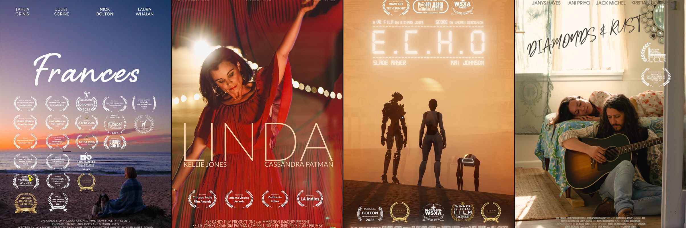 Posters for Frances, Linda, E.C.H.O and Diamonds & Rust
